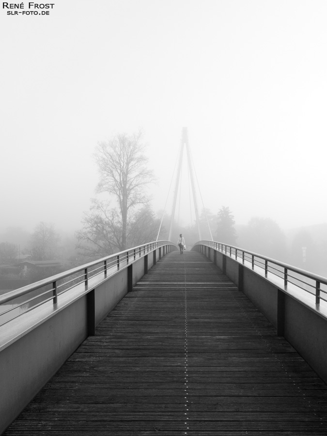 Frau auf Brücke im Nebel - Katzengrabensteg